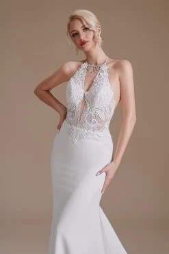 White Mermaid Halter Backless Sweep Train Robe De Mariée Avec Dentelle -Zapaka ceyy1065White 6