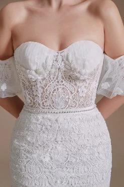 Blanche Sirène Dentelle Détachable Manches Bouffeuses Sweep Train Robe De Mariée -Zapaka ceyy1067White 7