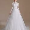Blanc A-Line Col Haut Manches Manches Longues Robe De Mariée Avec Dentelle -Zapaka ceyy1069White 1 first