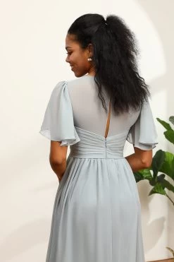 Robe De Demoiselle D’honneur Grise En Mousseline De Soie En V A-Line -Zapaka ceyy482 Grey 6