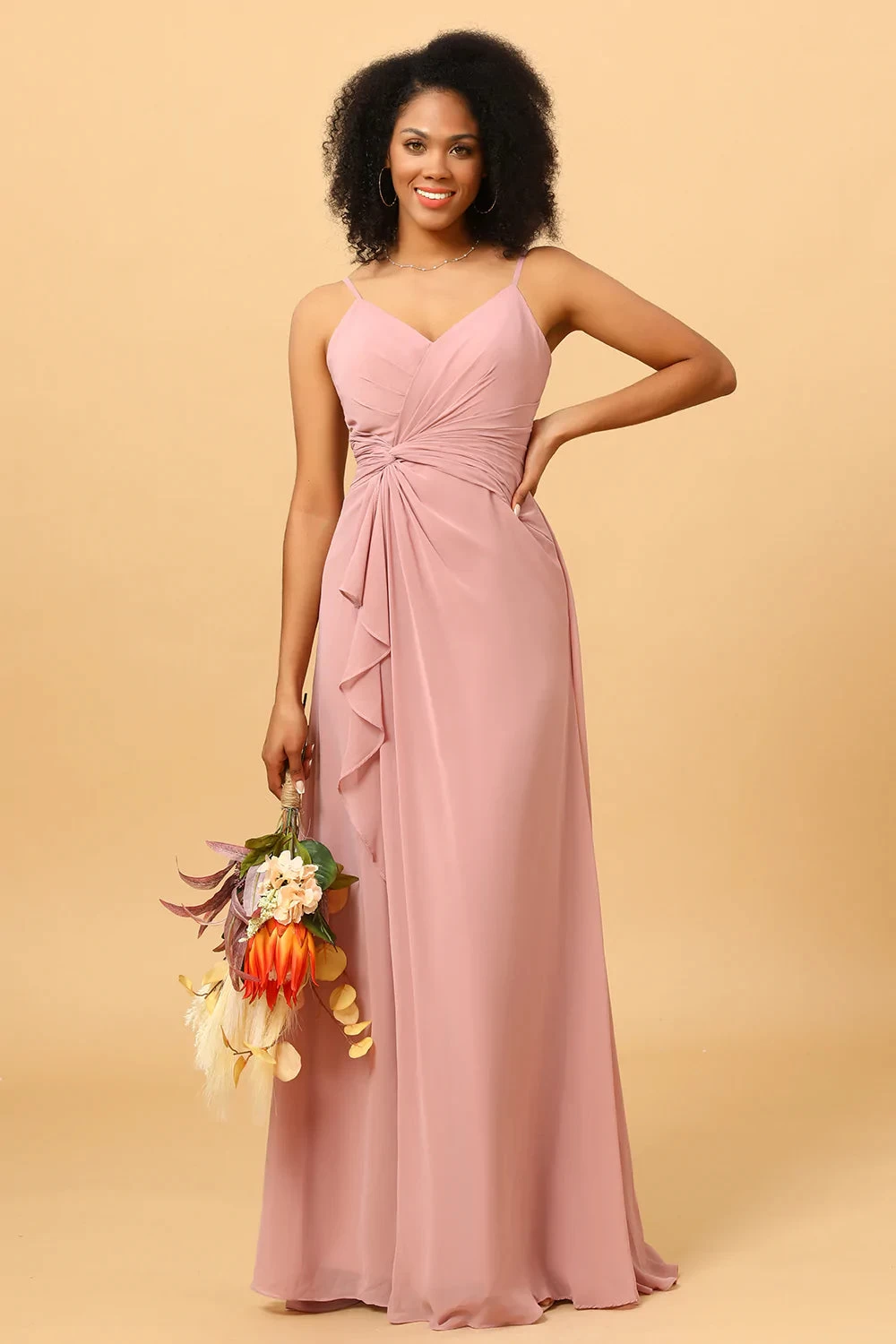Une Ligne De Bretelles Spaghetti Blush Robe De Demoiselle D’honneur Longue Avec Front Fendu 5 Une Ligne De Bretelles Spaghetti Blush Robe De Demoiselle D’honneur Longue Avec Front Fendu – Image 3